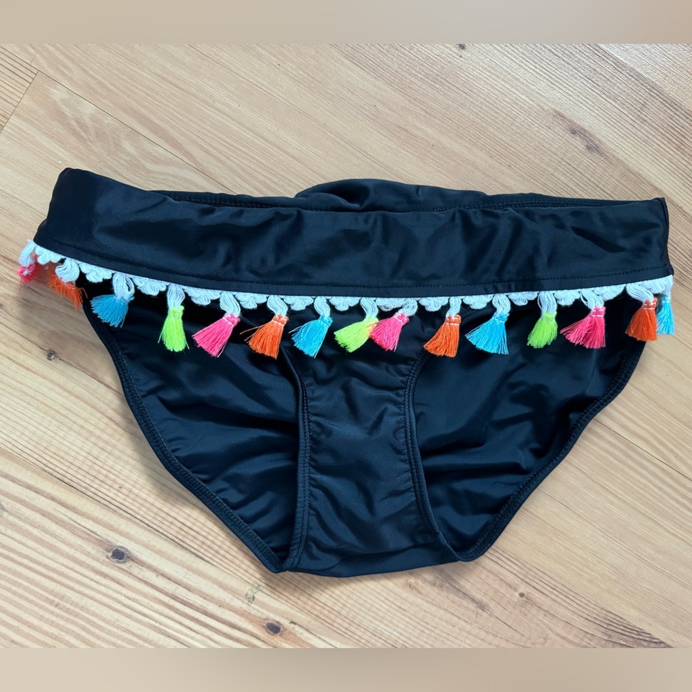 NEW Adorable Venus Swimsuit Black Bikini Bottom with rainbow tassels size 6 swim